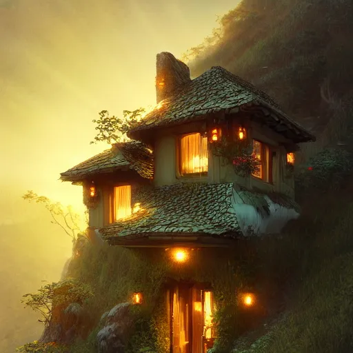 Prompt: small hillside house made of honey and milk, modern lighting, hyper - detailed, 8 k, octane rendered, art nouveau, organic, flowing, impossible torsion, writhing, dusk, lush, dynamic, in the style of ross tran and jean baptiste monge