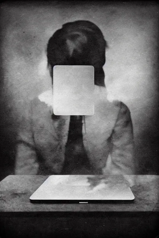 Image similar to 1 9 0 0 s photo of a person on a macbook pro old photo grain double exposure masterpiece