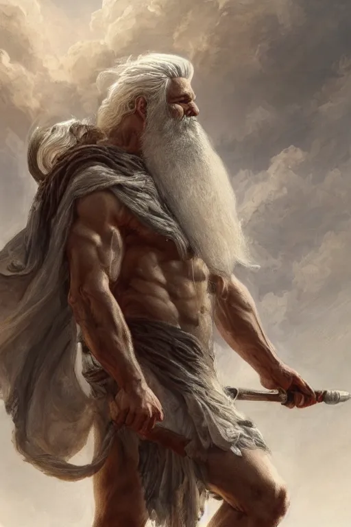 Image similar to painted portrait of rugged zeus, god of thunder, greek god, white hair, masculine, mature, handsome, upper body, muscular, hairy torso, fantasy, intricate, elegant, highly detailed, digital painting, artstation, concept art, smooth, sharp focus, illustration, art by gaston bussiere and greg rutkowski