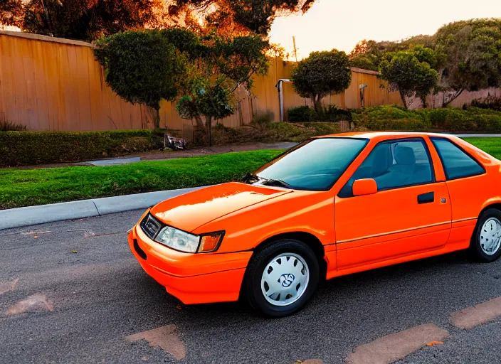 Image similar to a orange 1990 Honda Civic with tinted windows in the Bay Area California, dusk, high definition