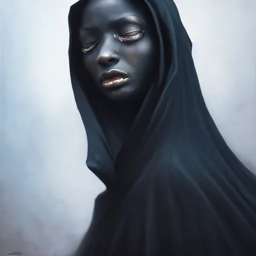 Image similar to a portrait of a young black woman wearing a long dark cloak, hood and shadows covering face, anatomically correct, beautiful perfect face, enigmatic, oil painting, matte painting, black background, Volumetric dynamic lighting, Highly Detailed, Cinematic Lighting, Unreal Engine, 8k, HD, by Beksinski