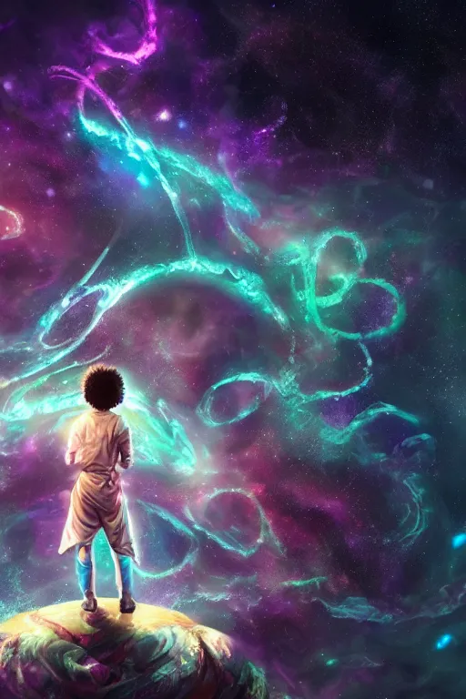 Prompt: galaxy bender experiencing the quantum field, elevated consciousness, beautiful astrological neural network, bob ross matte painting and tim burton comic book art, realistic, trending on artstation, sharp focus, depth of field, cinematic composition, physics splashes of colors, octane render