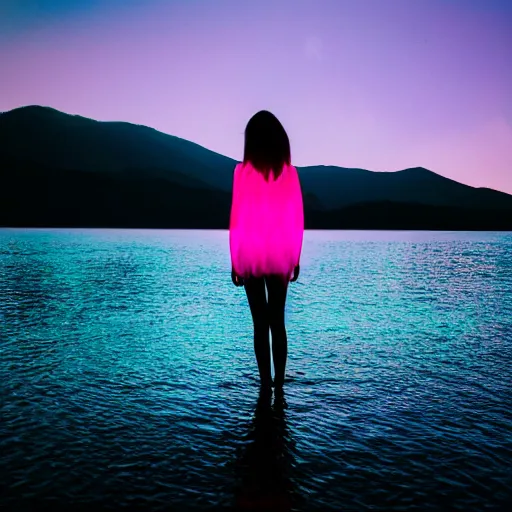 Prompt: a beautiful thin pale woman in the lake, neon glowing hair, 4k telephoto lens,