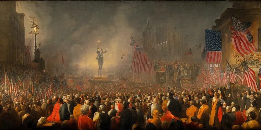 Image similar to a medium shot of george washington giving a speech in times square with bilboards in the backround and a large crowd carrying american flags and carrying torches by gerard seghers, the denial of st. peter
