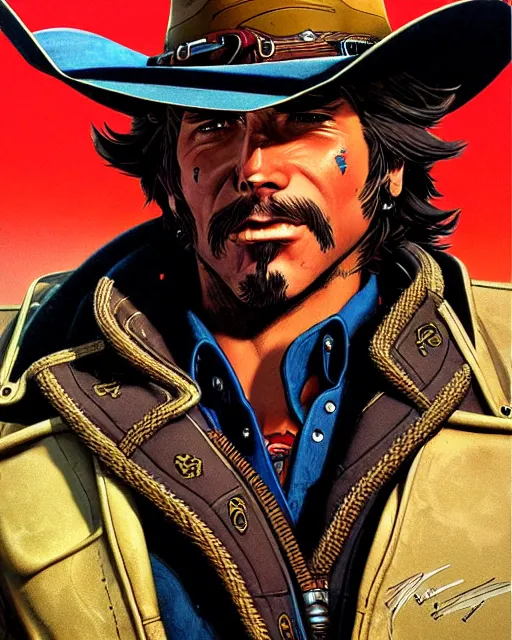 Image similar to mccree from overwatch, character portrait, portrait, close up, concept art, intricate details, highly detailed, vintage sci - fi poster, retro future, in the style of chris foss, rodger dean, moebius, michael whelan, and gustave dore