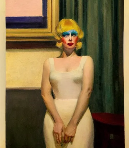 Image similar to a high quality, high detail, portrait of a drag queen by edward hopper, intense look in the eyes, moody, nostalgic