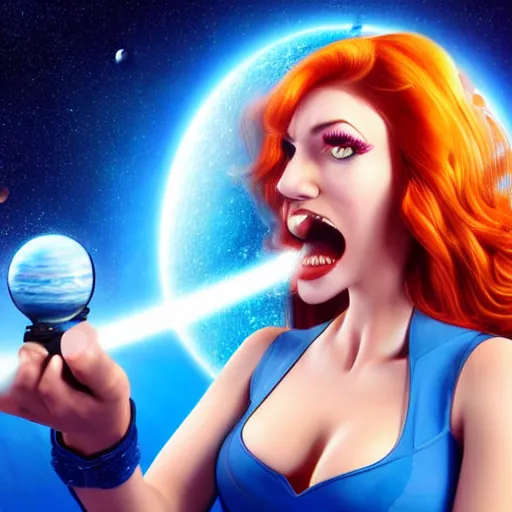 Prompt: space redhead in a tight blue dress with a planet in the background holding a laser gun up, realistic mouth, realistic, high definition, detailed and symetric face, detailed and realistic hands, expressive eyes, 4 k, shimmering color, epic digital art