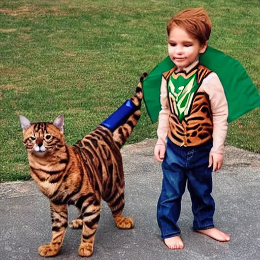 Prompt: a brown-haired boy and a bengal cat each dressed as the green arrow