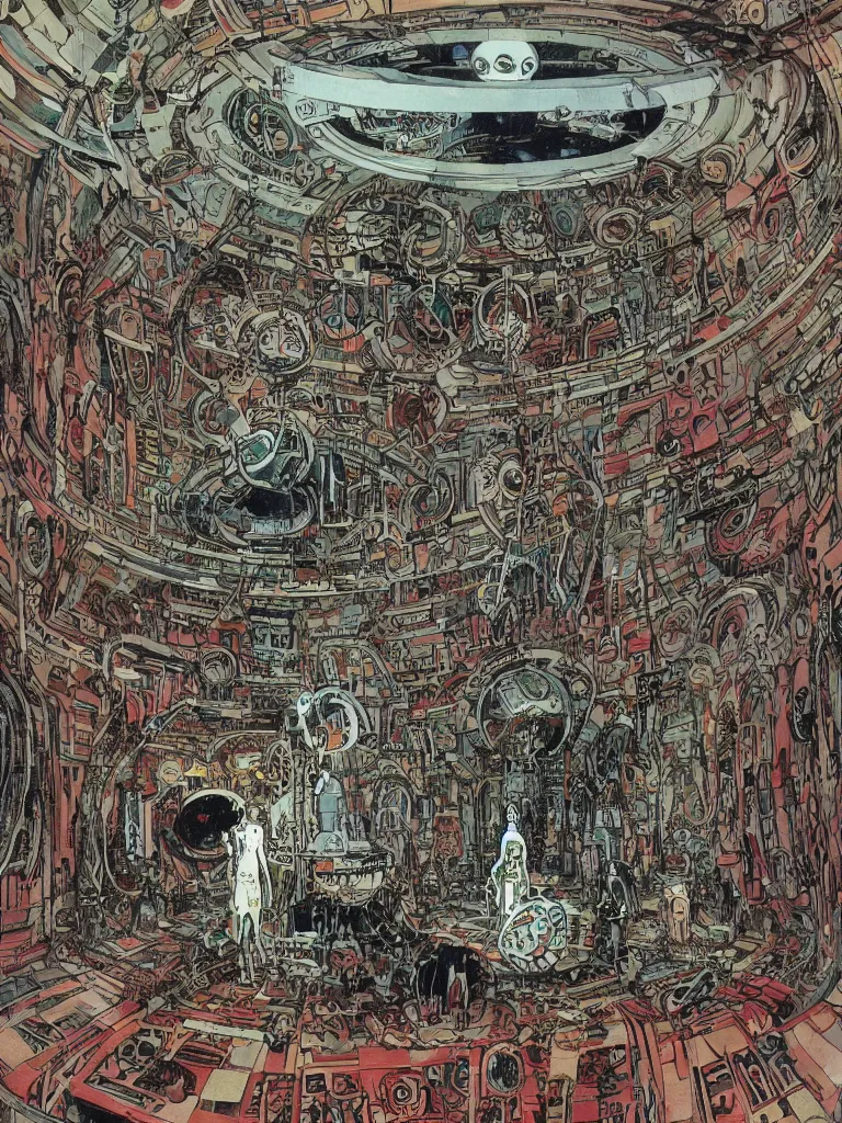 Prompt: Circular room with robot cat in the center, by Philippe Druillet