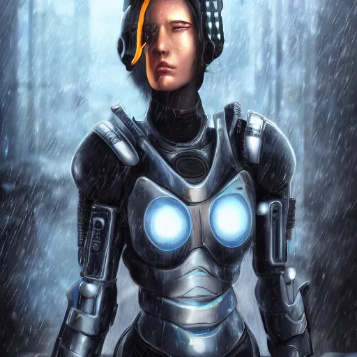 Image similar to An epic fantastic ultrarealism comic book style portrait painting of a female cyberpunk armor fighter, black and blue silver color armor, cyberpunk feel raining at tokyo rooftop, Concept world Art, unreal 5, DAZ, 8k, hyperrealistic, octane render, cosplay, RPG portrait, dramatic lighting, rim lights