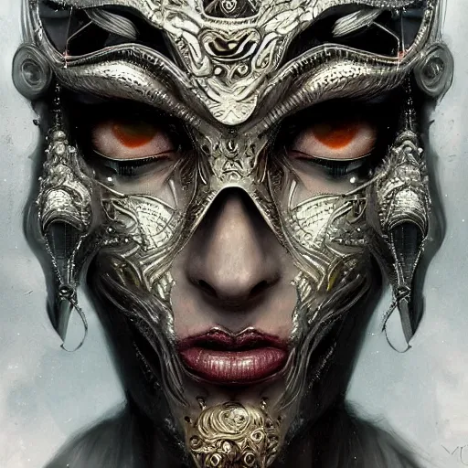 Prompt: Very very very very highly detailed epic photo of beautiful face with carnival mask, intricate, dystopian, sci-fi, extremely detailed, digital painting, artstation, concept art, smooth, sharp focus, illustration, intimidating lighting, incredible art by Anton Pieck