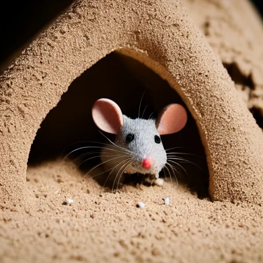 Image similar to dslr photo still of a mouse inside a sand castle, 8 k, 8 5 mm f 1. 4