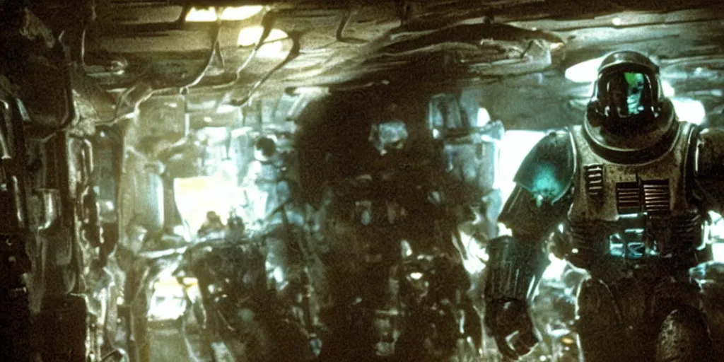 Prompt: color film still, a space marine exploring the interior of a dark, badly cluttered settlement ; alien 2 ( 1 9 8 6 )