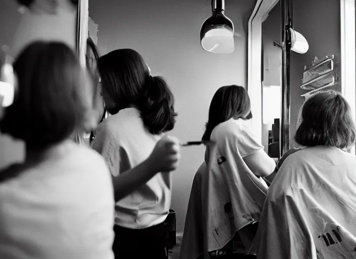 Image similar to a 3 5 mm photo from the back of a woman getting her hair done at the hairdresser in the 1 9 6 0 s, bokeh, canon 5 0 mm, cinematic lighting, dramatic, film, photography, golden hour, depth of field, award - winning, 3 5 mm film grain