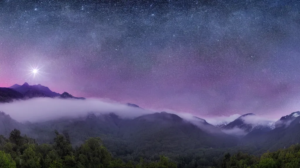 Image similar to Panoramic photo where the mountains are towering over the valley below their peaks shrouded in mist. The moon is just peeking over the horizon and the purple sky is covered with stars and clouds. The river is winding its way through the valley and the trees are light blue.