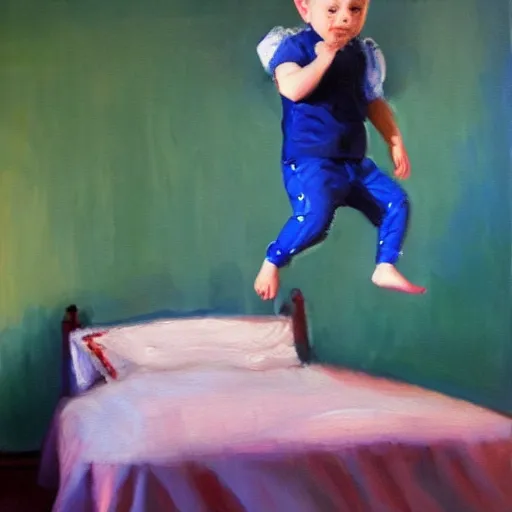 Prompt: a beautiful oil painting of a little boy jumping on his bed, storybook style