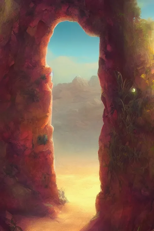 Image similar to digital painting of a doorway in a desert that leads to a secret garden, concept art, artstation, fantasy, fantasy aesthetic, fantasy vibe, colorful, faded effect, artstation, trending, detailed, small details, scenery,