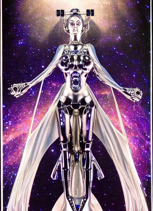 Prompt: Robotic beautiful Priestess posing in front of the stars by Hajime Sorayama, ultra detailed, beksinksi, chrome, dramatic lighting