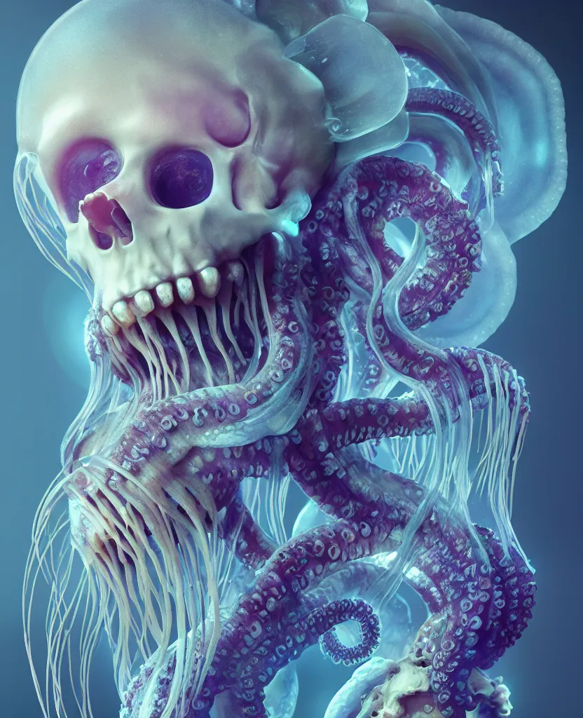 Image similar to goddess close - up portrait human skeleton, ram skull, octopus, jellyfish, orchid, betta fish, bioluminiscent, intricate artwork by tooth wu and wlop and beeple. octane render, trending on artstation, greg rutkowski very coherent symmetrical artwork. cinematic, hyper realism, high detail, octane render, 8 k