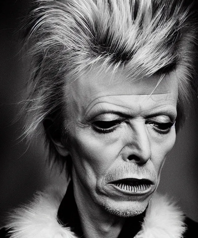 Image similar to a color photograph of david bowie, by thomas ruff, platinum blond, intense, bold, exaggerated, overblown, ultra sharp, extra details, ultra high quality, trending on pinteresst