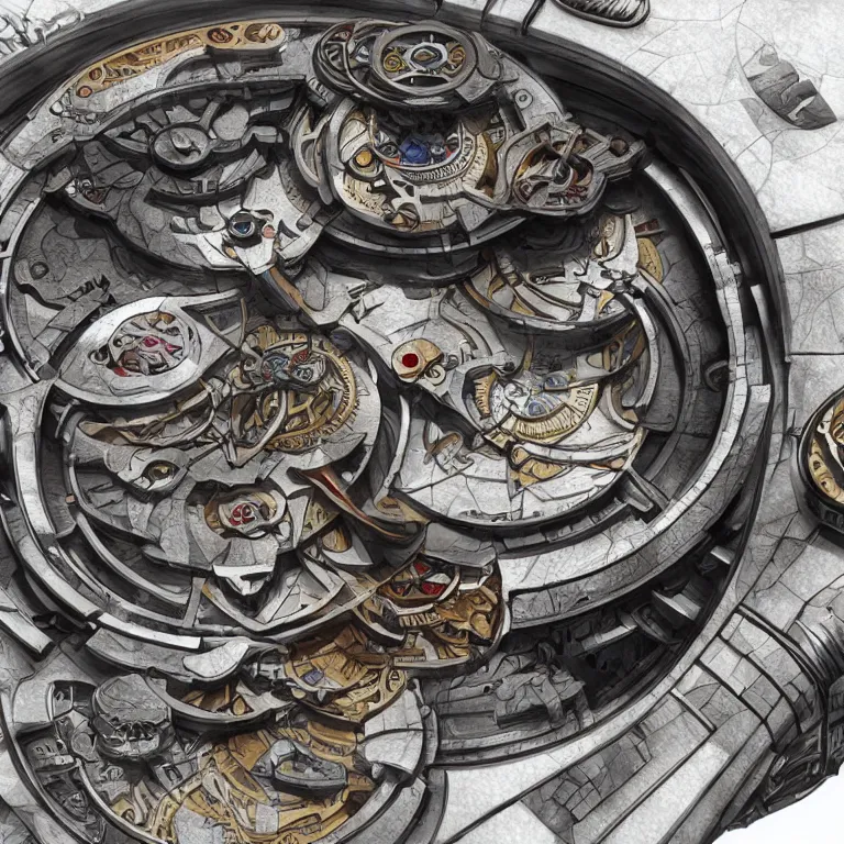 Image similar to fine art painting of the inner workings of a complex timepiece, artstation, cgsociety, very detailed, intricate, detailed illustration