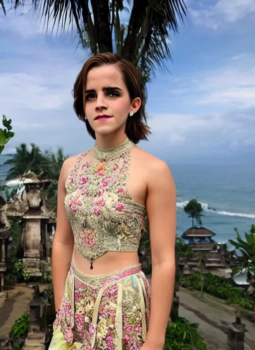 Prompt: emma watson wearing traditional kebaya bali in bali. iconic place in bali. front view. instagram holiday photo shoot, perfect faces