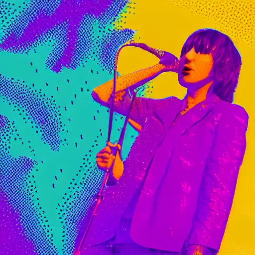 Image similar to Karen O of the Yeah Yeah Yeahs. Zoomed out full body. Glitch effect. Pixel glitch. Chromatic Aberration. data moshing glitch art. 4k.