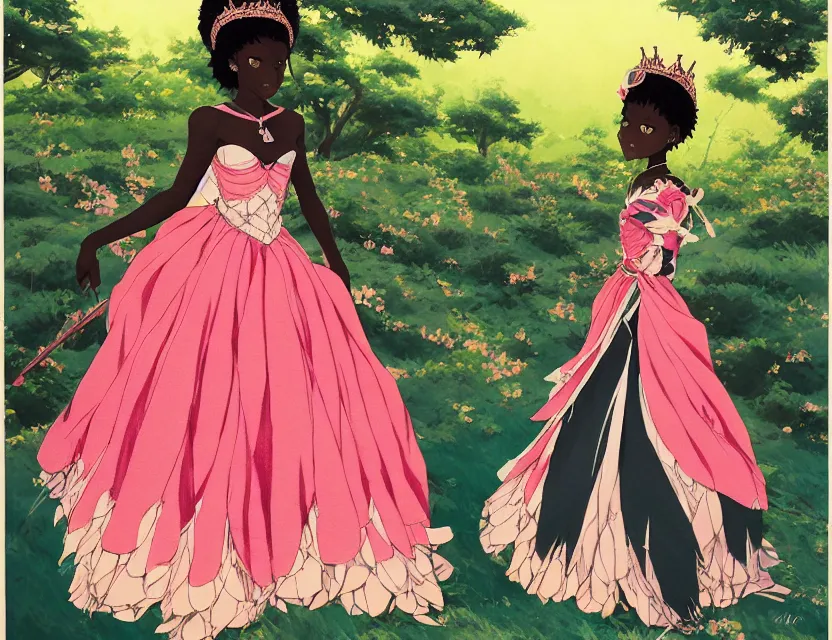 Prompt: black - skinned princess of the azalea mountains, wearing a lovely dress. this gouache painting by the award - winning mangaka has an interesting color scheme, plenty of details and impeccable lighting.