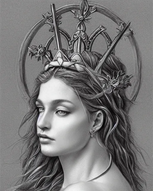 Prompt: pencil drawing of a beautiful greek goddess aphrodite wearing a laurel wreath and arrowhead earrings, beautiful confident eyes, beautiful flowing hair, hyper realistic face, in the style of greg rutkowski, fantasy, amazing detail, epic, elegant, smooth, sharp focus, from the front