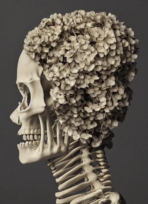 Image similar to a woman's face in profile, made of hydrangea skeleton, in the style of the dutch masters and gregory crewdson, dark and moody