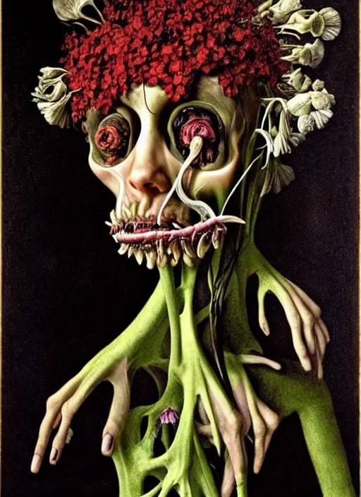 Image similar to beautiful rotten woman morphing into plants and many different types of beautiful flowers, muscles, organs, surreal, miguel angel, gustave courbet, caravaggio, romero ressendi, gunther von hagens