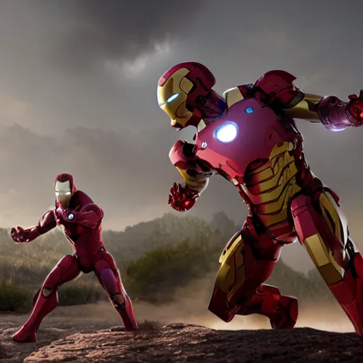 Image similar to iron man and war machine fighting, unreal engine 5, hyper detailed, realistic, volumetric lighting, octane render, 4 k