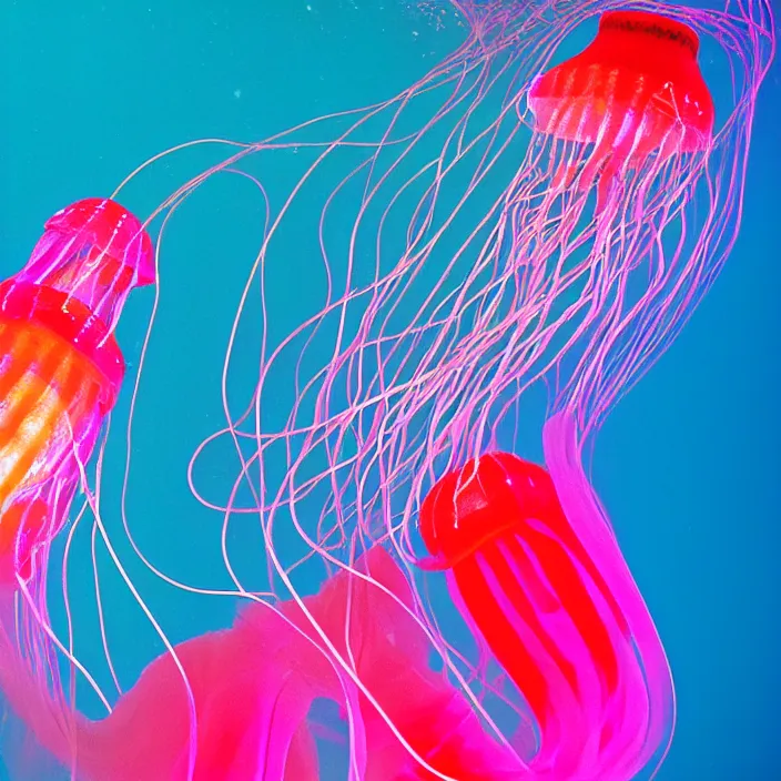 Prompt: a luminescent deep ocean ribbon jellyfish, cestum veneris, playing a vintage fender stratocaster, underwater photography : :