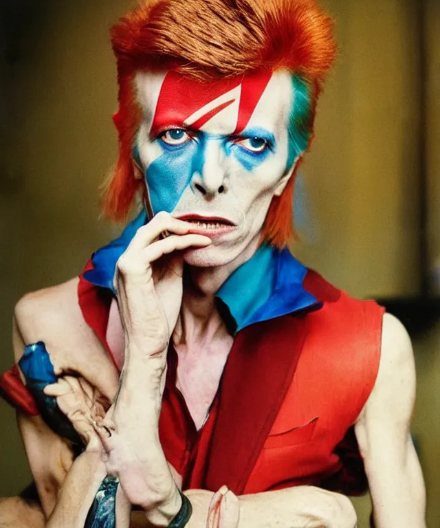 Image similar to a color photograph of david bowie, by nan goldin, intense, bold, exaggerated, overblown, hyperrealistic, ultra sharp, extra details, ultra high quality, trending on pinteresst