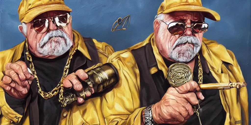 Image similar to wilford brimley rapper wearing gold chains with gold rings on his fingers carrying rpg - 7 diabeetus high fidelity painting high resolution trending on artstation