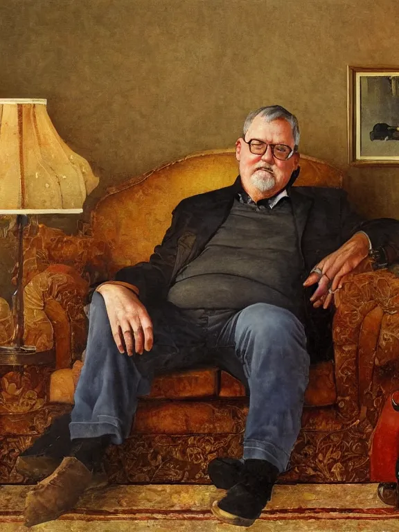 Image similar to portrait of orson scott card sitting on a sofa, in a style blend of norman rockwell and frederick remington and mort kunstler, oil painting, volumetric lighting, intricate details