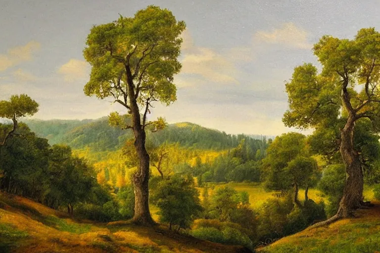 Image similar to masterpiece painting of oak trees on a hillside overlooking a creek, by gunnar widforss