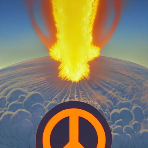 Prompt: a nuclear explosion merging into the shape of a peace sign, in the style of boris vallejo, highly detailed, dieselpunk, high quality, 8 k, path traced