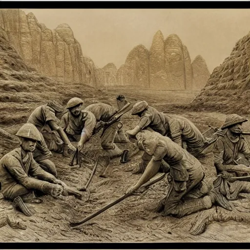 Prompt: ultra detailed photorealistic sepia - toned line drawing from 1 9 1 7, a small group of british soldiers standing at an archaeological dig site in wadi rum, ultra realistic, painted, intricate details, lovecraft, atmospheric, dark, horror, brooding, highly detailed, by clyde caldwell
