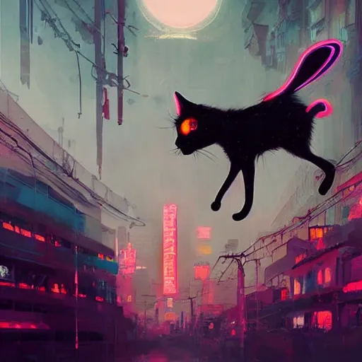 Prompt: a detailed matte painting of a black cat with red led eyes, the cat is in a intricately detailed neo neon cyberpunk Japanese city, the angel of death with a halo, colorful background not limited to children, vibrantly, by Ismail Inceoglu , concept art, featured on cgsociety