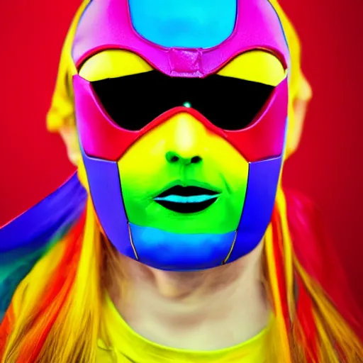 Image similar to a detailed portrait photo of a rainbow themed super hero