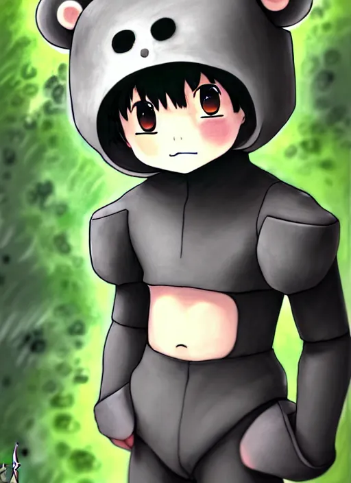 Image similar to beautiful little boy wearing an cyborg bear suit, artwork in kentaro miura and made in abyss and rosdraws, smooth, beautiful lightness, anatomically correct, trending on pixiv, forest