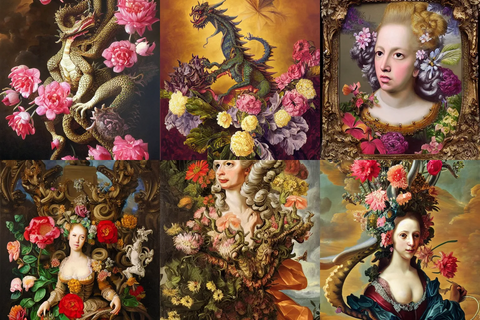 Image similar to Baroque portrait of a dragon surrounded by flowers. Highly detailed, anatomically correct, dramatic lighting, oil paint on canvas