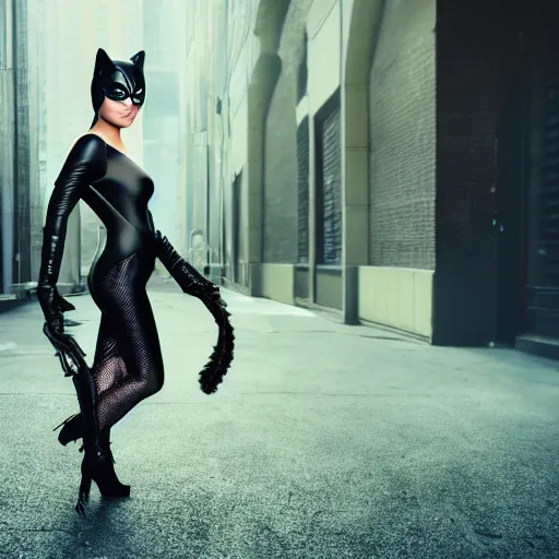 Prompt: Mila Kunis as Catwoman, XF IQ4, 150MP, 50mm, F1.4, ISO 200, 1/160s, natural light, photoshopped, lightroom, enhanced, photolab