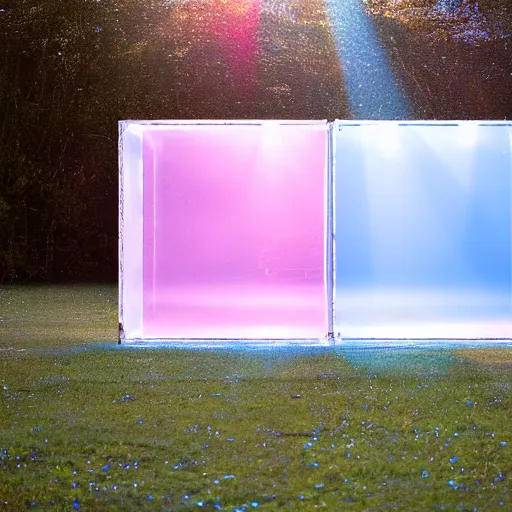 Prompt: a pastel coloured Polaroid photo of a large cube made of transparent iridescent perspex stood in a field, beams of light, nostalgic