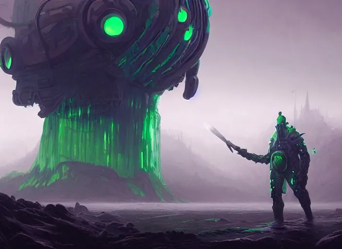 Image similar to giant monstrous green aggressive squid monster towering over man in white armor who has a gleaming sword made of black fire. The foreground is covered by mystical, translucent mist, epic science fiction horror digital matte painting by Simon Stalenhag and Mark Brooks (and Greg Rutkowski), extremely detailed, artstation