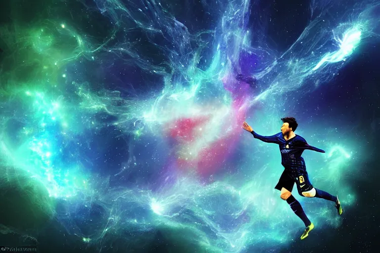 Image similar to a cosmic bioluminescent lionel messi jumping through a space nebula leaving stardust trails behind him, digital art, photorealistic