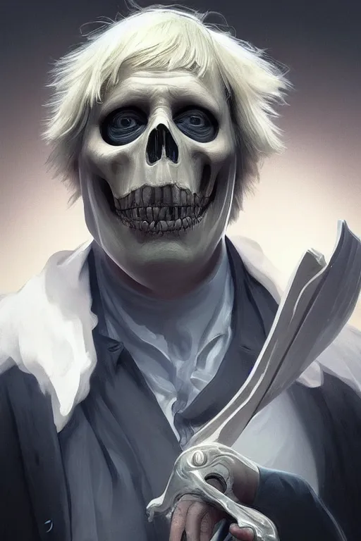 Image similar to Boris Johnson as Grim Reaper, portrait, highly extremely detailed, digital painting, artstation, concept art, very smooth, sharp focus, illustration, cinematic lighting, art by artgerm and greg rutkowski and alphonse mucha
