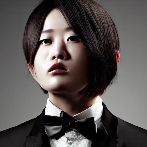 Image similar to portrait of a beautiful korean girl wearing a men's tuxedo, with short messy hair, men's haircut, angular features, angry expression, digital art, elegant pose, detailed illustration