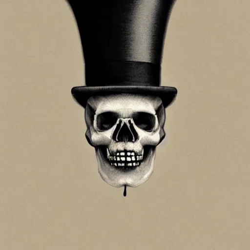 Image similar to hyperrealistic skull wearing a top hat surrounded by smoke, smoke pouring out of its mouth,